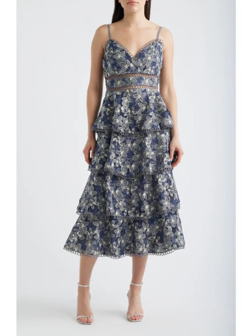 Arose Studio Marcela Floral Embroidered Tiered Midi Dress Bardot Lace Size M NWT
